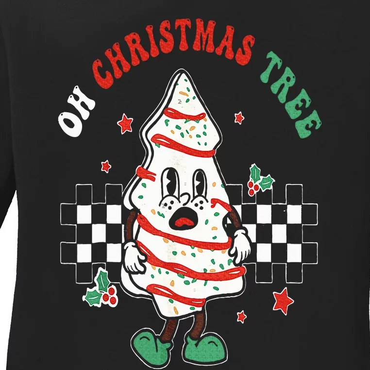 Oh Christmas Tree Cakes Debbie Becky Jen Groovy Retro Pajama Ladies Long Sleeve Shirt