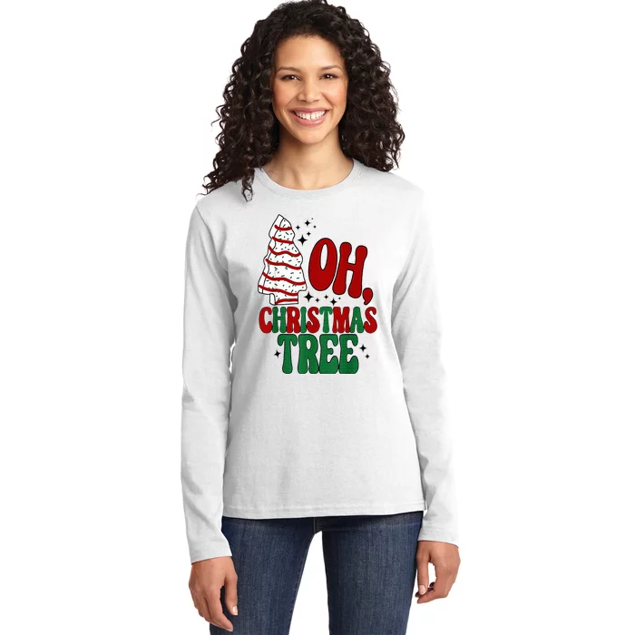 Oh Christmas Tree Cakes Debbie Becky Jen Groovy Retro Pajama Ladies Long Sleeve Shirt