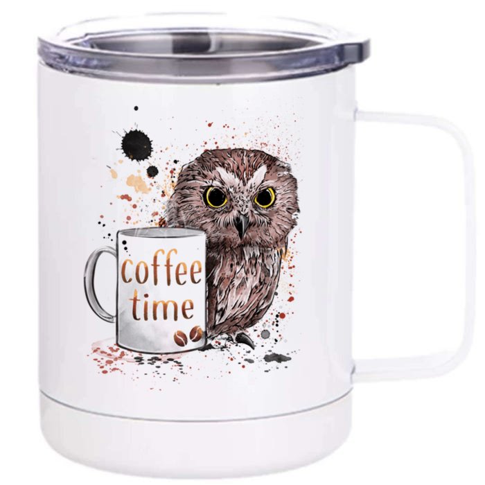 Owl Coffee Time Oil Color Art Front & Back 12oz Stainless Steel Tumbler Cup