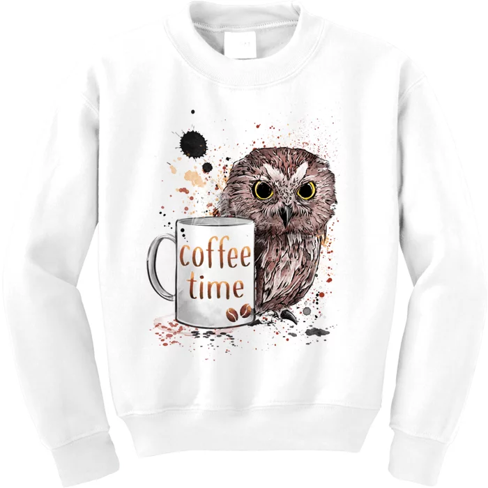 Owl Coffee Time Oil Color Art Kids Sweatshirt