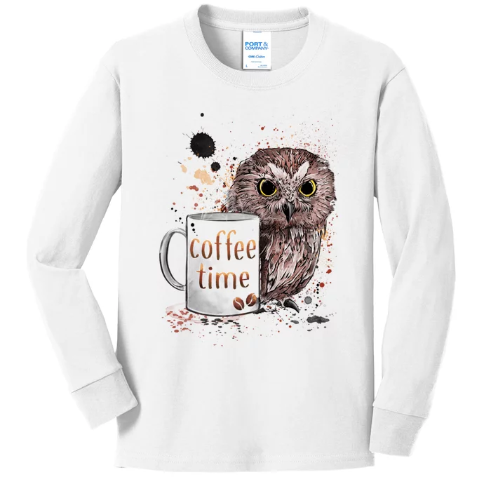 Owl Coffee Time Oil Color Art Kids Long Sleeve Shirt