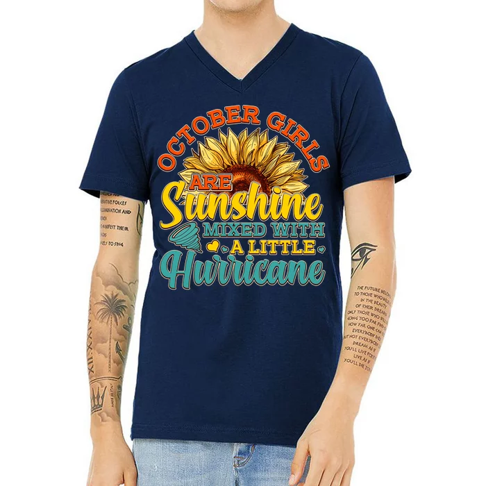 October Girls Are Sunshine Mixed With A Little Hurricane Sunflower Birthday V-Neck T-Shirt