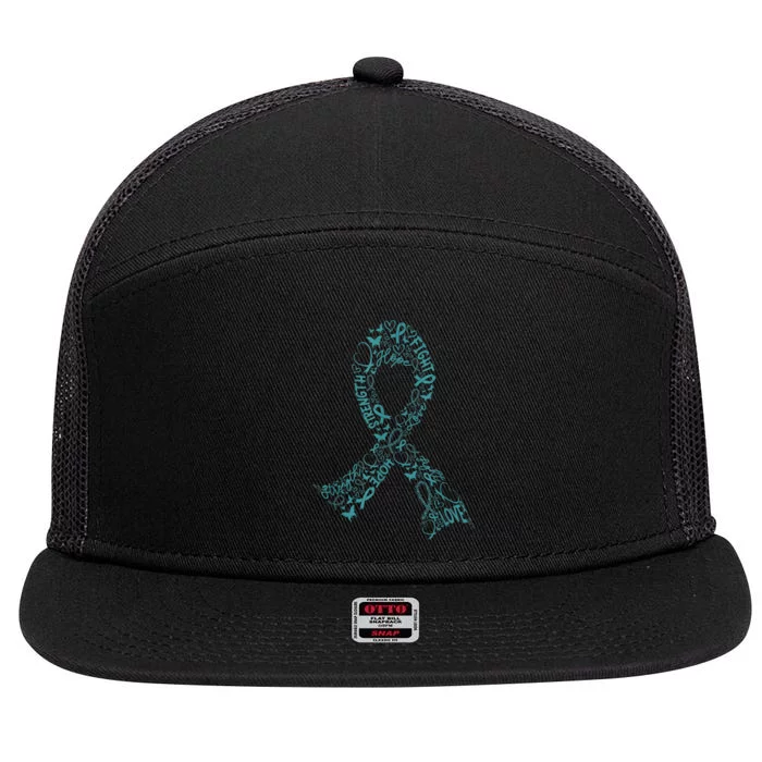 Ovarian Cancer Warrior Teal Ribbon Awareness Gift 7 Panel Mesh Trucker Snapback Hat