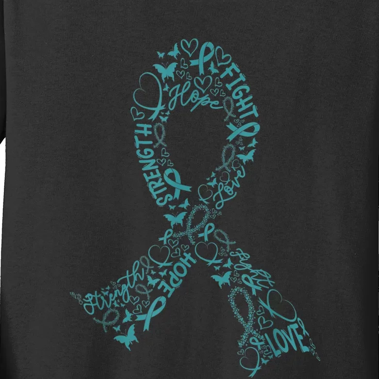 Ovarian Cancer Warrior Teal Ribbon Awareness Gift Kids Long Sleeve Shirt