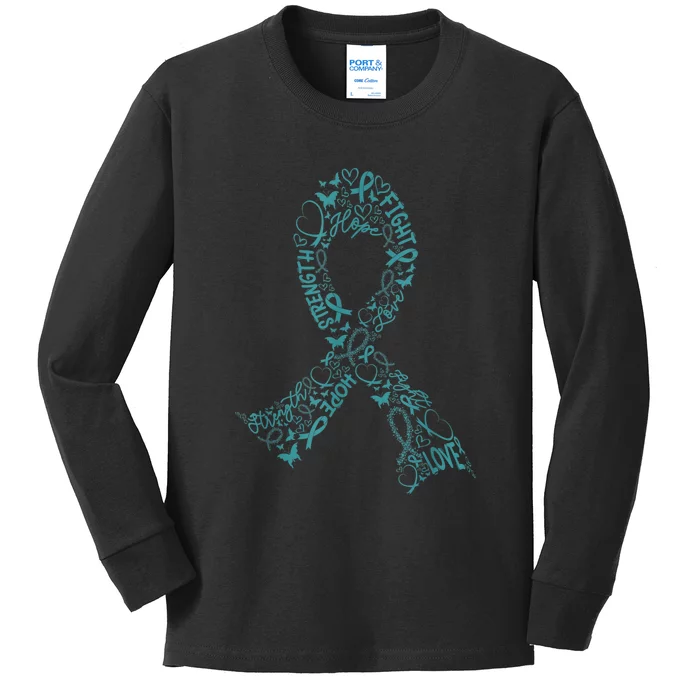 Ovarian Cancer Warrior Teal Ribbon Awareness Gift Kids Long Sleeve Shirt