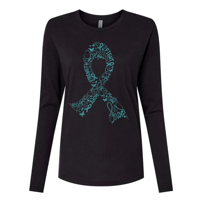 Ovarian Cancer Warrior Teal Ribbon Awareness Gift Womens Cotton Relaxed Long Sleeve T-Shirt