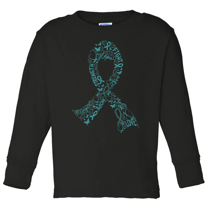 Ovarian Cancer Warrior Teal Ribbon Awareness Gift Toddler Long Sleeve Shirt