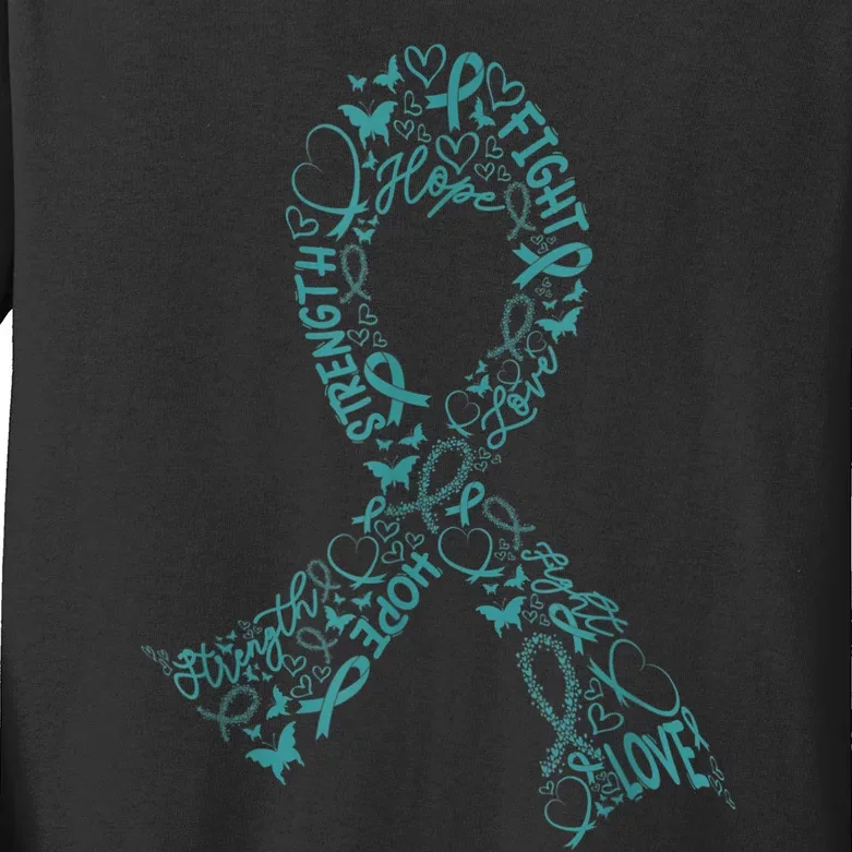 Ovarian Cancer Warrior Teal Ribbon Awareness Gift Kids Long Sleeve Shirt