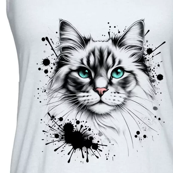 Ornate Cat With Turquoise Eyes And Paint Splash Gift Ladies Essential Flowy Tank