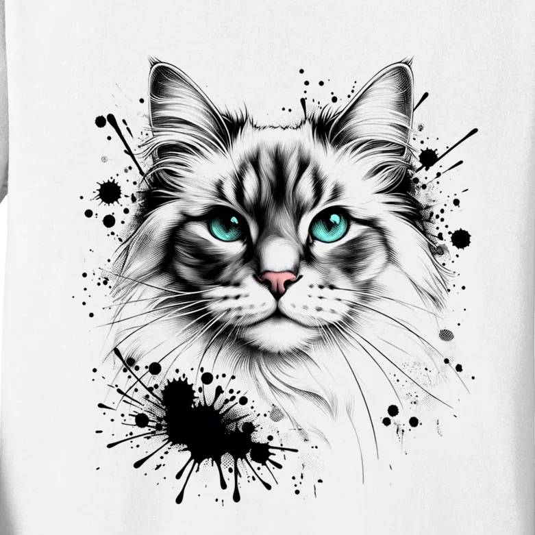 Ornate Cat With Turquoise Eyes And Paint Splash Gift Kids Long Sleeve Shirt