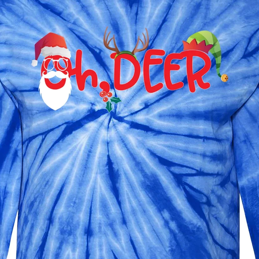 Oh Deer Christmas T Santa Reindeer And Elf Hat Cute Gift Tie-Dye Long Sleeve Shirt