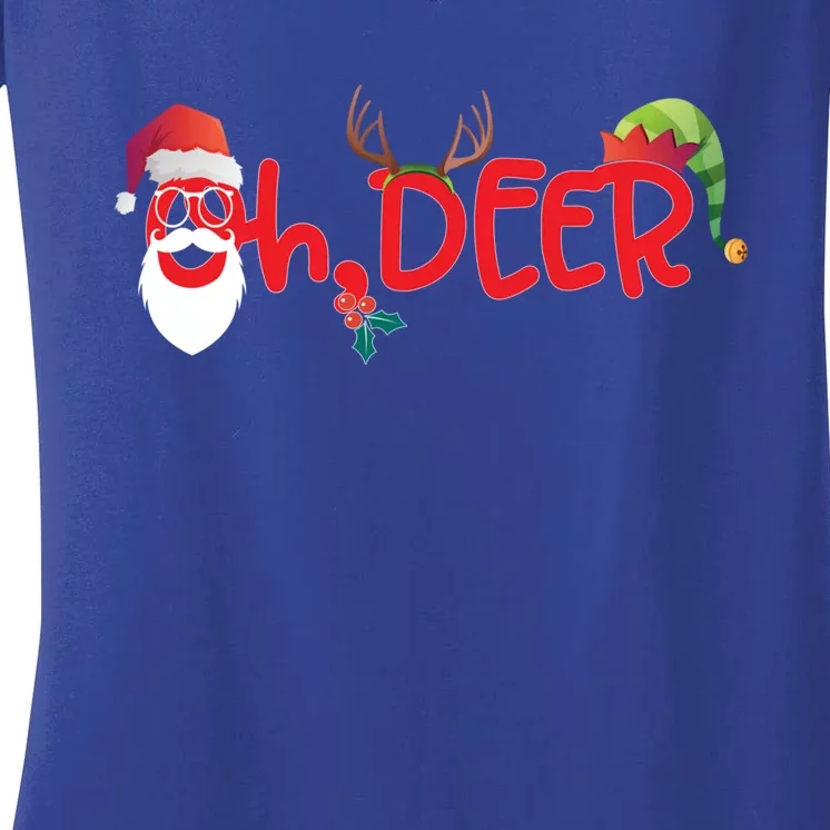 Oh Deer Christmas T Santa Reindeer And Elf Hat Cute Gift Women's V-Neck T-Shirt