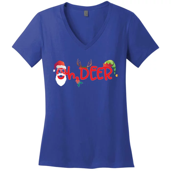 Oh Deer Christmas T Santa Reindeer And Elf Hat Cute Gift Women's V-Neck T-Shirt