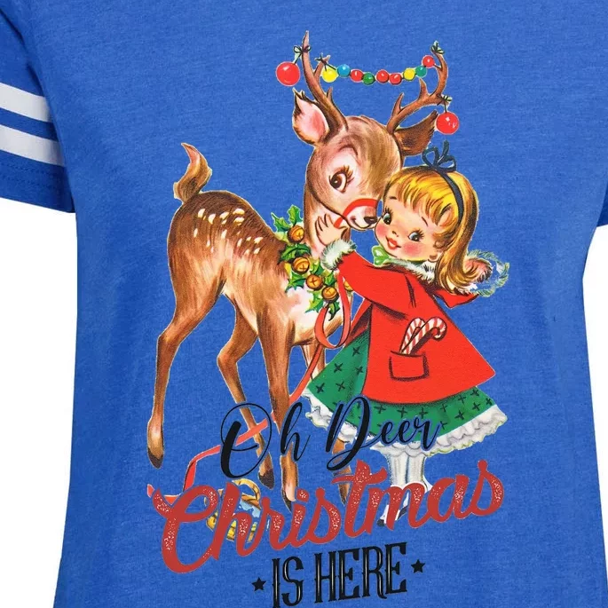 Oh Deer Christmas Is Here Rudolph Cute Retro Christmas Santa Claus Merry Christ Enza Ladies Jersey Football T-Shirt