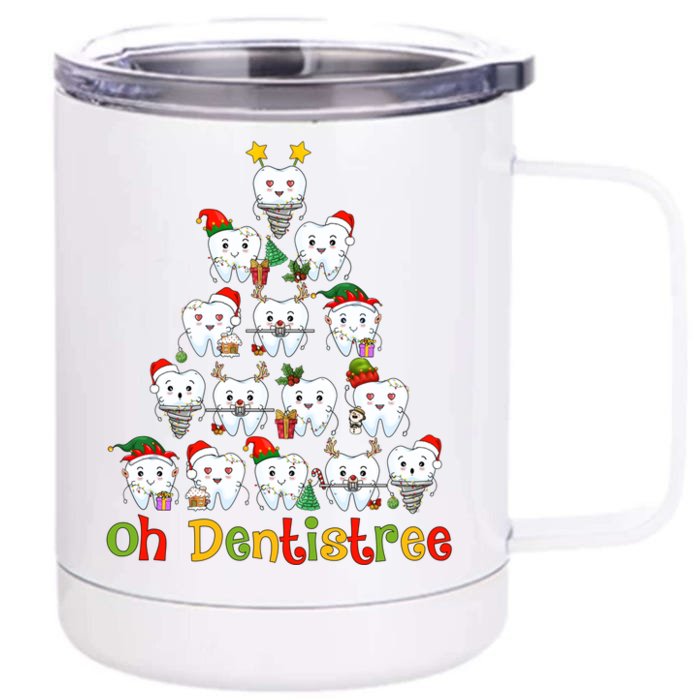 Oh Dentistree Dental Hygienist Tooth Santa Snowing Xmas Tree Gift Front & Back 12oz Stainless Steel Tumbler Cup