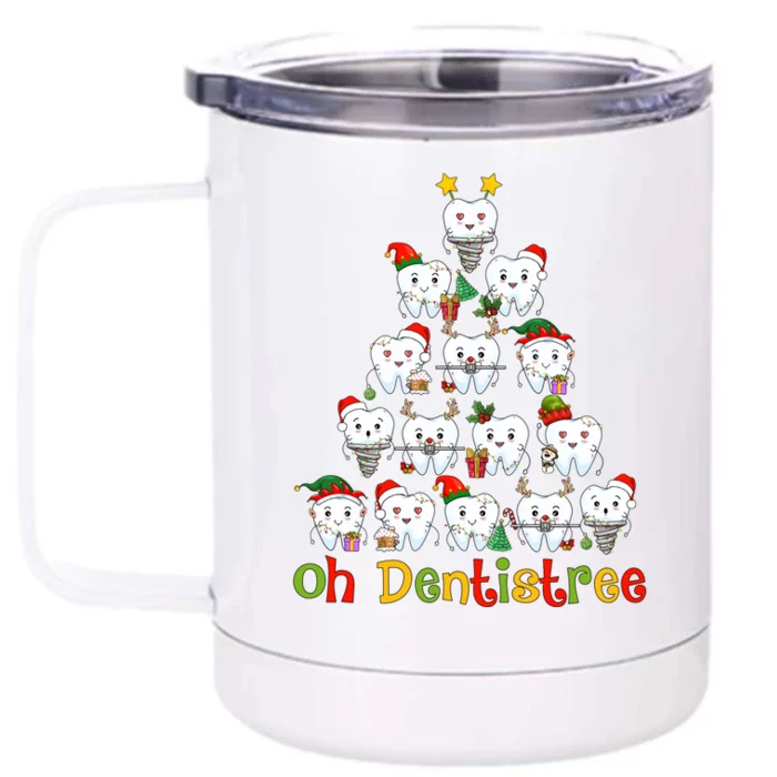 Oh Dentistree Dental Hygienist Tooth Santa Snowing Xmas Tree Gift Front & Back 12oz Stainless Steel Tumbler Cup