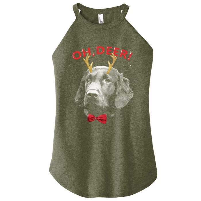 Oh Deer Flat Coated Retriever Xmas Red Bowtie Gift Women’s Perfect Tri Rocker Tank