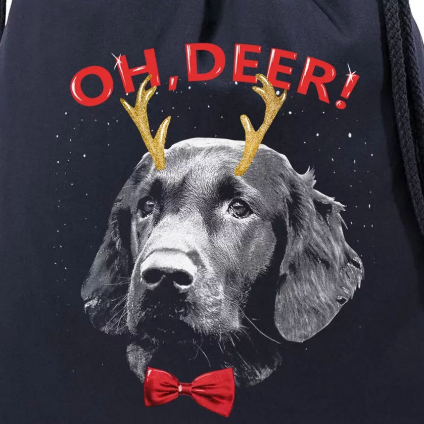 Oh Deer Flat Coated Retriever Xmas Red Bowtie Gift Drawstring Bag