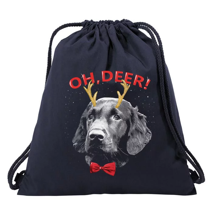 Oh Deer Flat Coated Retriever Xmas Red Bowtie Gift Drawstring Bag