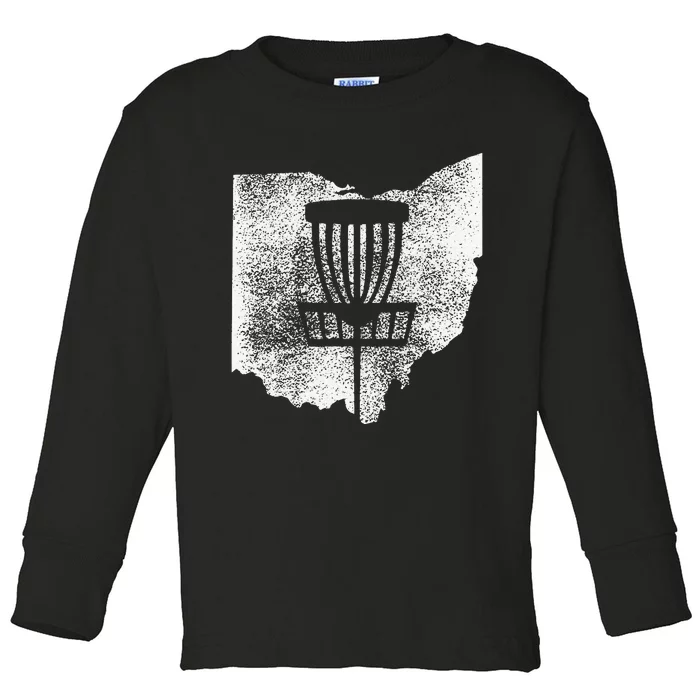 Ohio Disc Golf State With Basket Distressed Graphic Toddler Long Sleeve Shirt