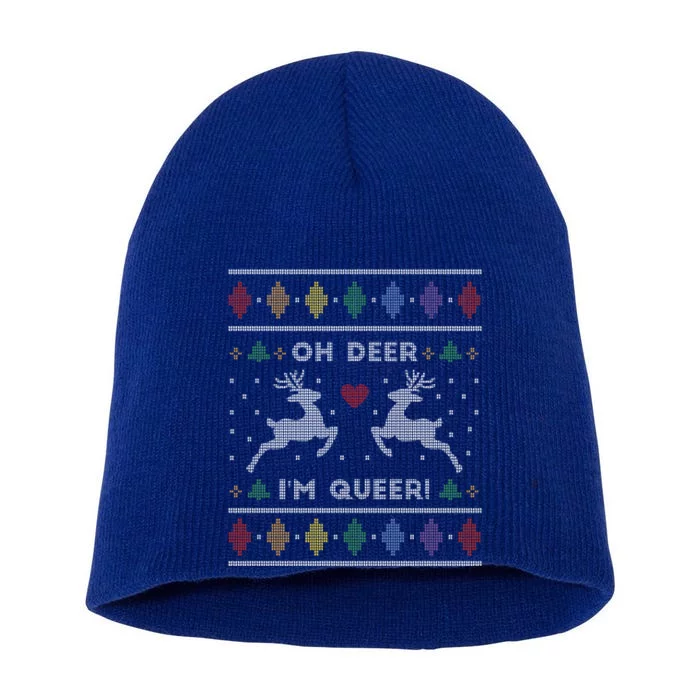 Oh Deer IM Queer Reindeer Ugly Xmas Gift Short Acrylic Beanie