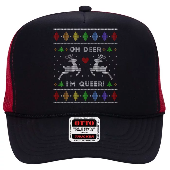 Oh Deer I'm Queer Fun Gay Lesbian Rainbow Love Ugly Christmas High Crown Mesh Trucker Hat