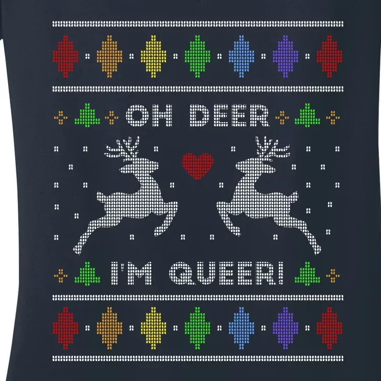 Oh Deer I'm Queer Fun Gay Lesbian Rainbow Love Ugly Christmas Women's V-Neck T-Shirt