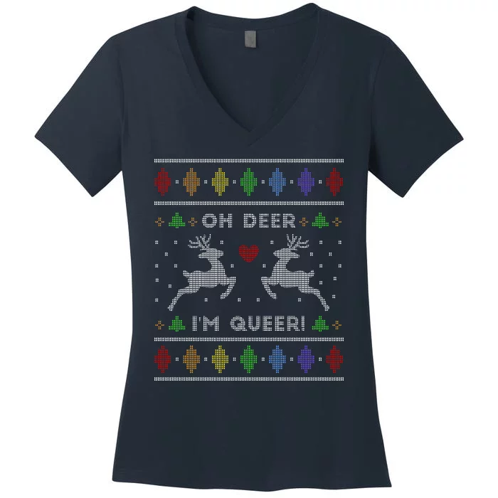 Oh Deer I'm Queer Fun Gay Lesbian Rainbow Love Ugly Christmas Women's V-Neck T-Shirt