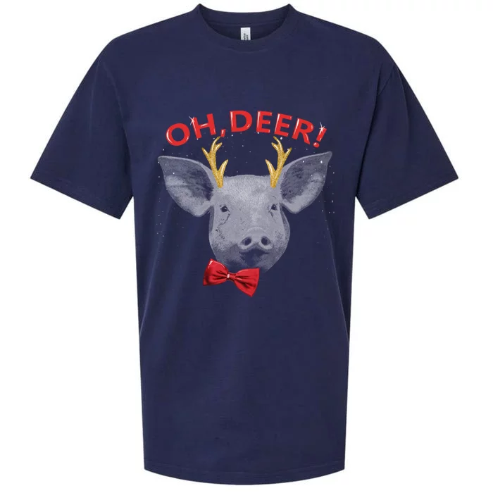 Oh Deer Pig Xmas Red Bowtie Christimas Outfit Funny Gift Sueded Cloud Jersey T-Shirt