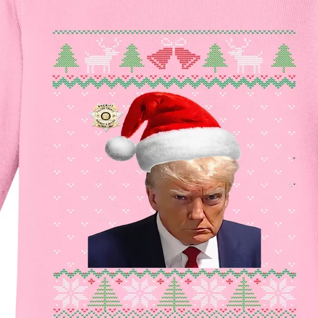 Official Donald Trump Mug Shot Ugly Christmas Baby Long Sleeve Bodysuit