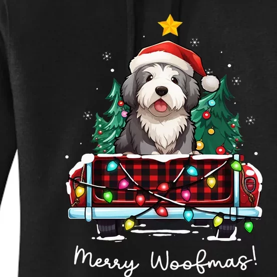 Old English Sheepdog Christmas Dog Truck Plaid Funny Xmas Women's Pullover Hoodie