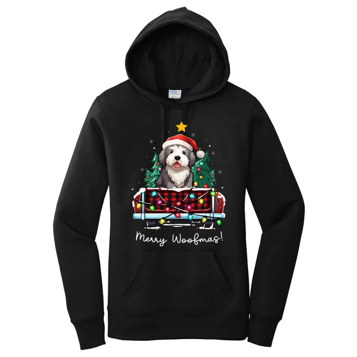 Old English Sheepdog Christmas Dog Truck Plaid Funny Xmas Women's Pullover Hoodie