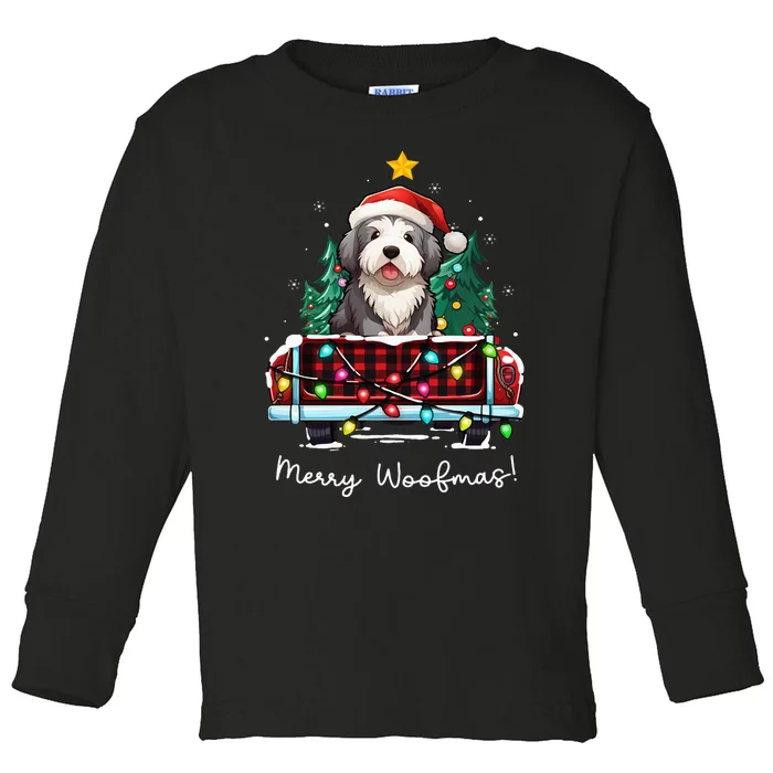 Old English Sheepdog Christmas Dog Truck Plaid Funny Xmas Toddler Long Sleeve Shirt