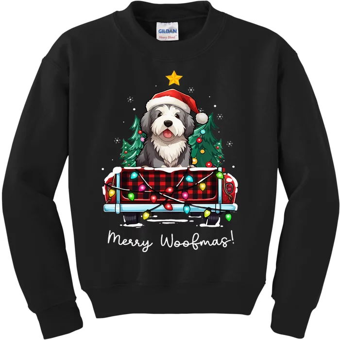 Old English Sheepdog Christmas Dog Truck Plaid Funny Xmas Kids Sweatshirt