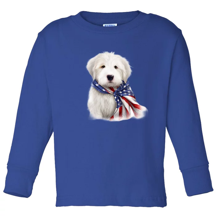 Old English Sheepdog USA Flag American Dogs 4th Of July Toddler Long Sleeve Shirt