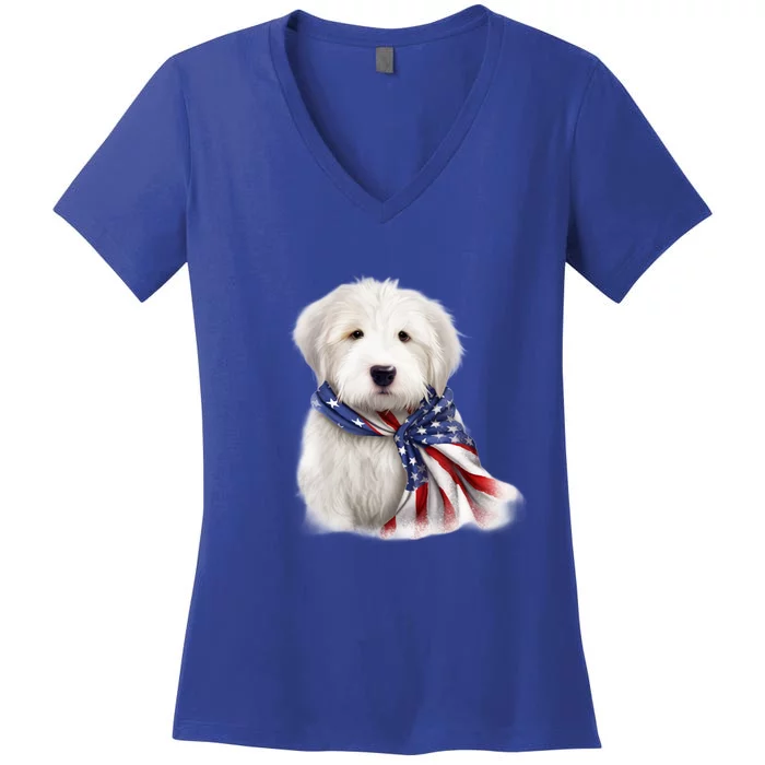 Old English Sheepdog USA Flag American Dogs 4th Of July Women's V-Neck T-Shirt