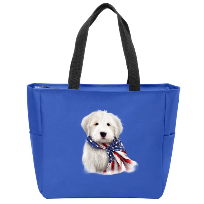 Old English Sheepdog USA Flag American Dogs 4th Of July Zip Tote Bag