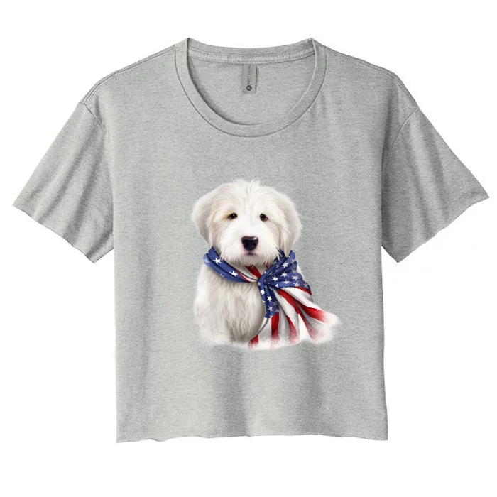 Old English Sheepdog USA Flag American Dogs 4th Of July Women's Crop Top Tee