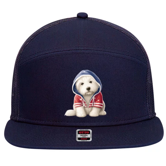 Old English Sheepdog Puppy USA Flag American Dogs 4th Of July 7 Panel Mesh Trucker Snapback Hat