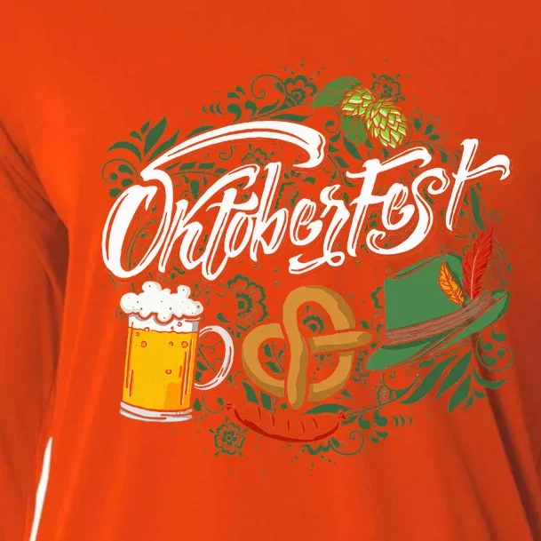 Oktoberfest Funny Beer Hat Pretzel And Edelweiss Cooling Performance Long Sleeve Crew