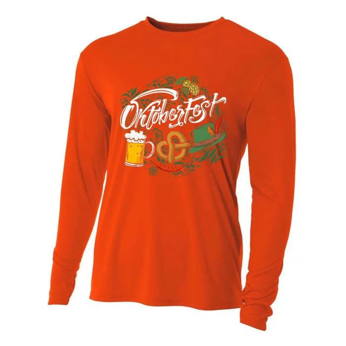 Oktoberfest Funny Beer Hat Pretzel And Edelweiss Cooling Performance Long Sleeve Crew