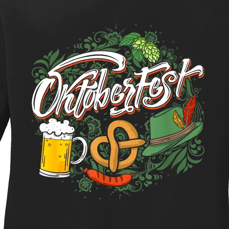 Oktoberfest Funny Beer Hat Pretzel And Edelweiss Ladies Long Sleeve Shirt