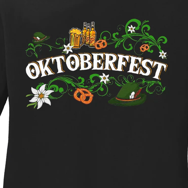 Oktoberfest Funny Beer Hat Pretzel And Edelweiss Ladies Long Sleeve Shirt