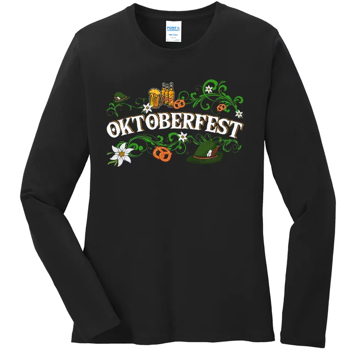 Oktoberfest Funny Beer Hat Pretzel And Edelweiss Ladies Long Sleeve Shirt