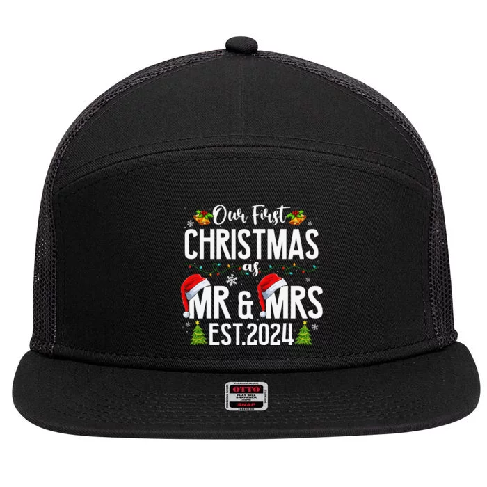 Our First Christmas As Mr & Mrs 2024 Married Couples Pajamas 7 Panel Mesh Trucker Snapback Hat