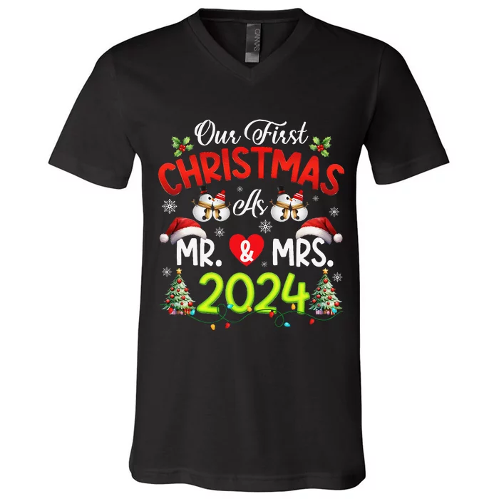 Our First Christmas As Mr & Mrs 2024 Couples Engaged Pajamas V-Neck T-Shirt