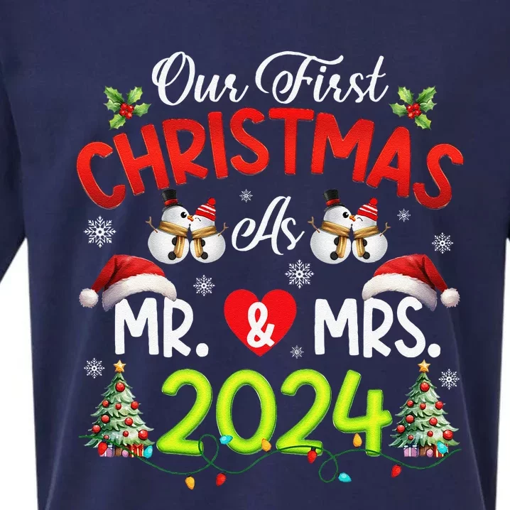 Our First Christmas As Mr & Mrs 2024 Couples Engaged Pajamas Sueded Cloud Jersey T-Shirt