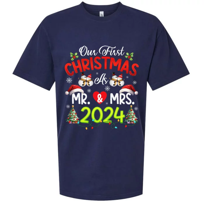 Our First Christmas As Mr & Mrs 2024 Couples Engaged Pajamas Sueded Cloud Jersey T-Shirt