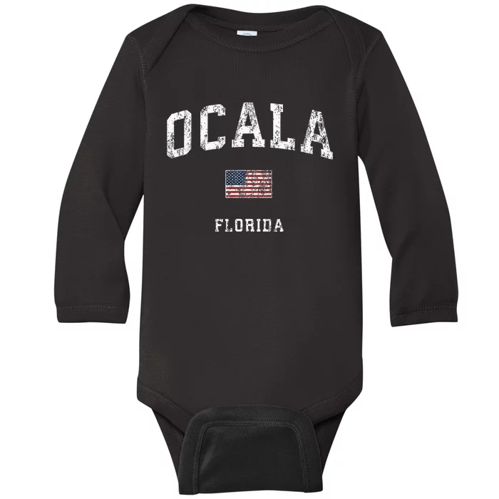 Ocala Florida Fl Vintage American Flag Baby Long Sleeve Bodysuit