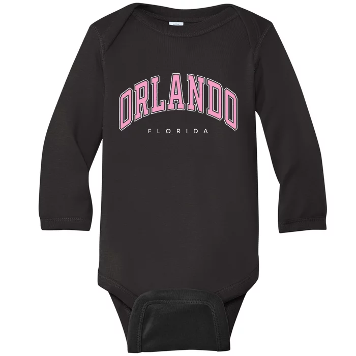 Orlando Florida FL Varsity Pink Text Baby Long Sleeve Bodysuit